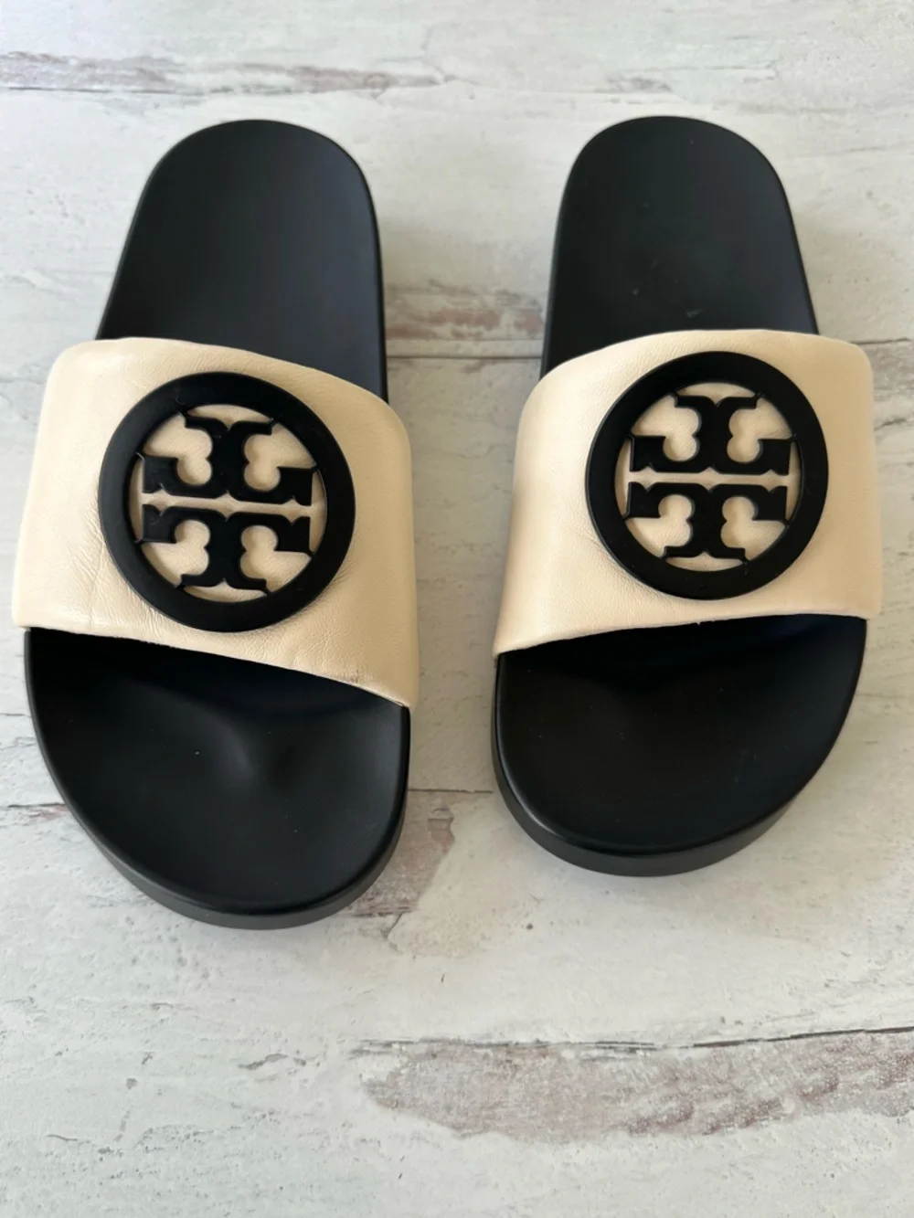 Tory Burch Black & Cream Logo Slide Sandals - Picture 9 of 12